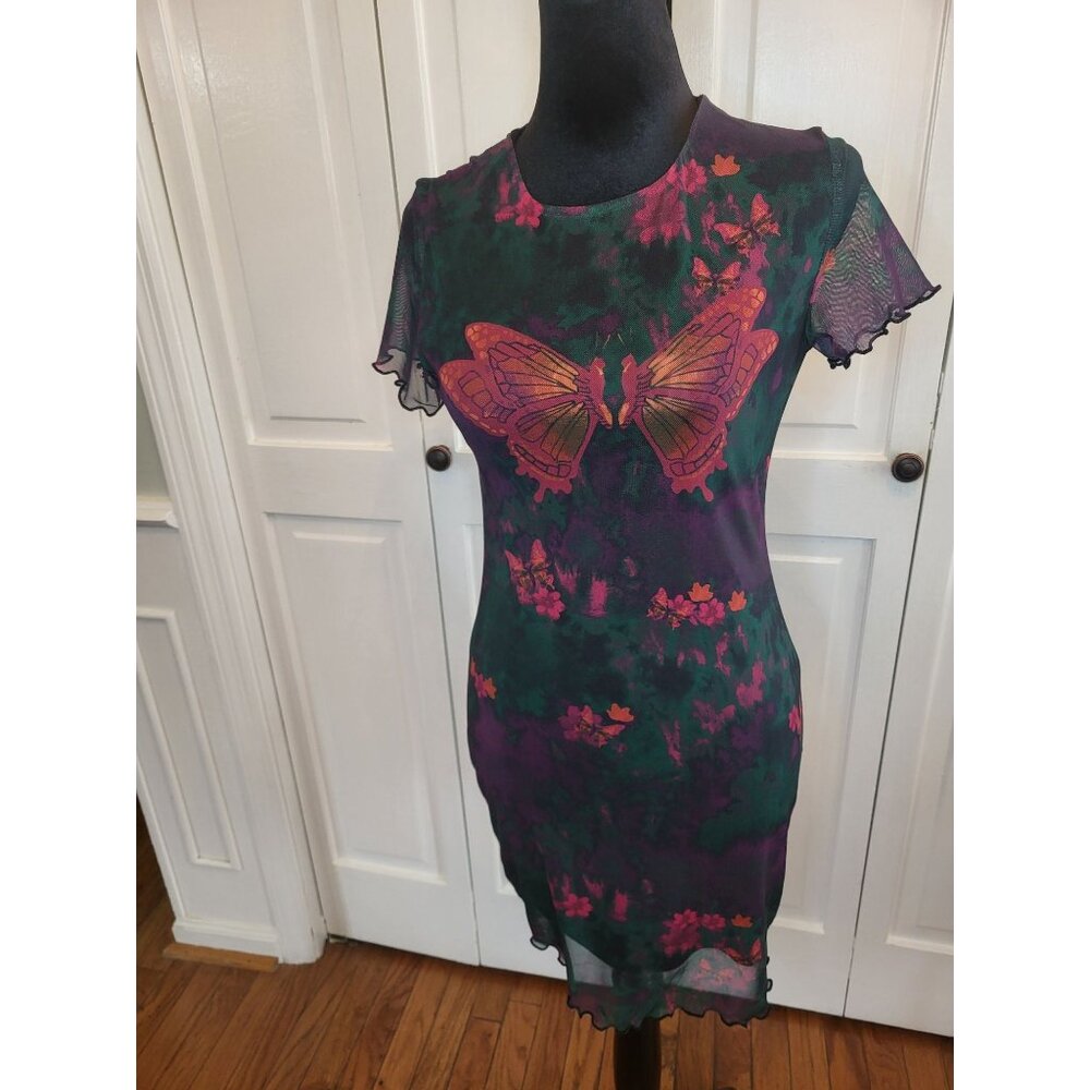 Y2K Green/Purple Mesh Butterfly Mini Dress M Whimsygoth Grunge Fairy Phoebe